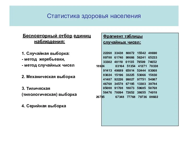 Статистика здоровья населения Бесповторный отбор единиц наблюдения: 1. Случайная выборка: