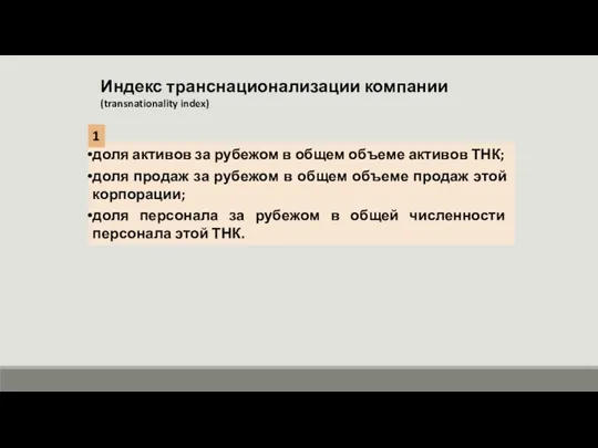 Индекс транснационализации компании (transnationality index) доля активов за рубежом в общем объеме активов