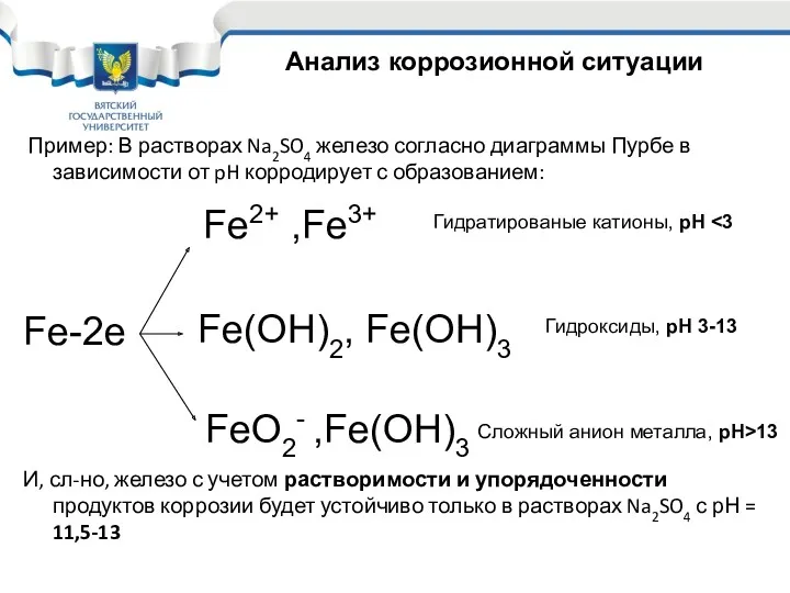 Пример: В растворах Na2SO4 железо согласно диаграммы Пурбе в зависимости