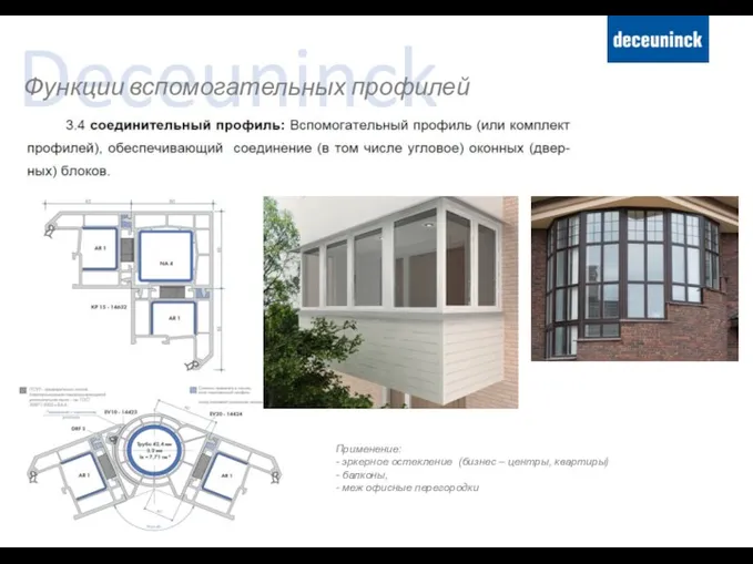 Deceuninck Функции вспомогательных профилей Применение: - эркерное остекление (бизнес – центры, квартиры) -