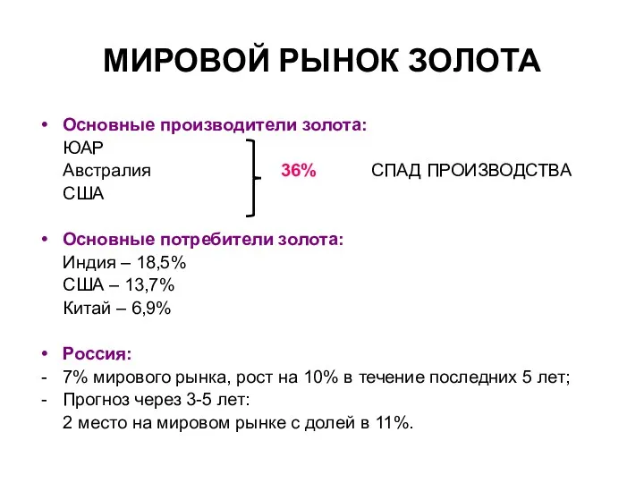 МИРОВОЙ РЫНОК ЗОЛОТА Основные производители золота: ЮАР Австралия 36% СПАД