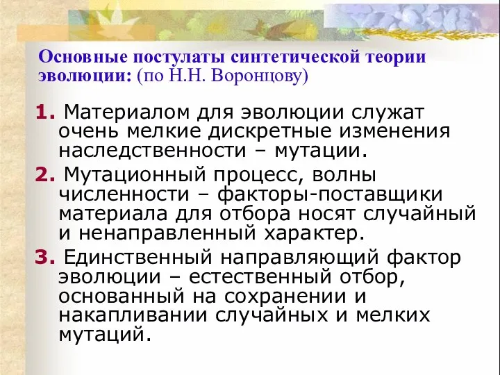 1. Материалом для эволюции служат очень мелкие дискретные изменения наследственности – мутации. 2.