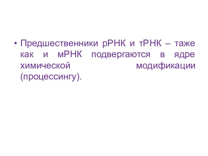 Предшественники рРНК и тРНК – таже как и мРНК подвергаются в ядре химической модификации (процессингу).