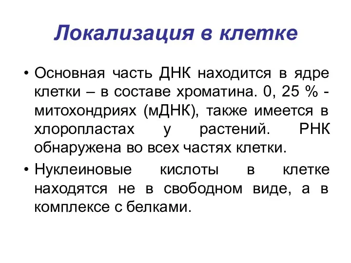 Локализация в клетке Основная часть ДНК находится в ядре клетки