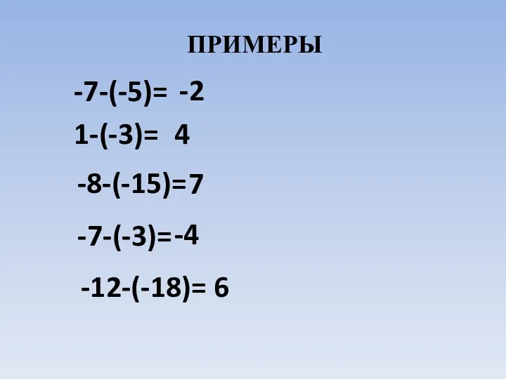 ПРИМЕРЫ -7-(-5)= -2 1-(-3)= 4 -8-(-15)= 7 -7-(-3)= -4 -12-(-18)= 6