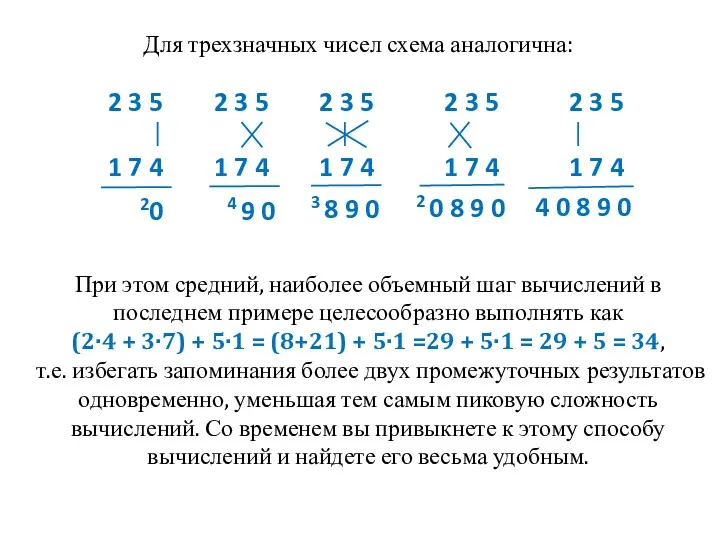 Для трехзначных чисел схема аналогична: При этом средний, наиболее объемный