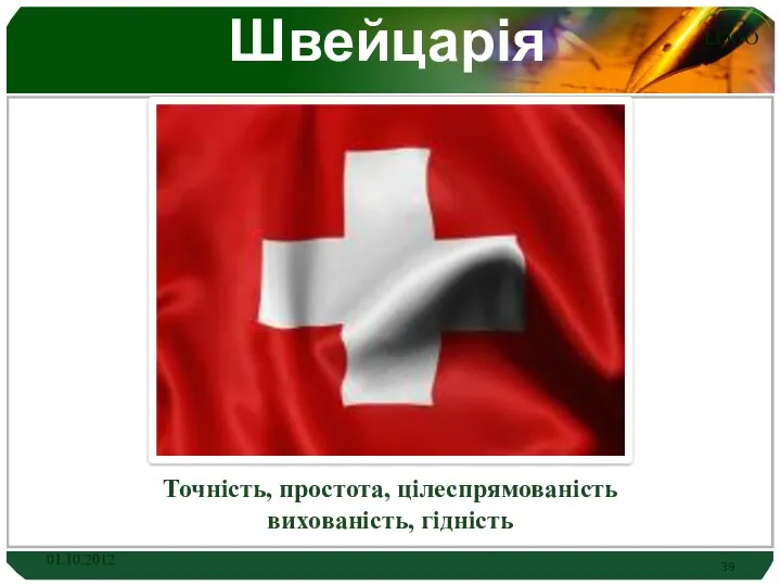 Швейцарія Точність, простота, цілеспрямованість вихованість, гідність 01.10.2012