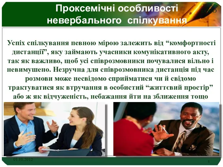 Проксемічні особливості невербального спілкування Успіх спілкування певною мірою залежить від