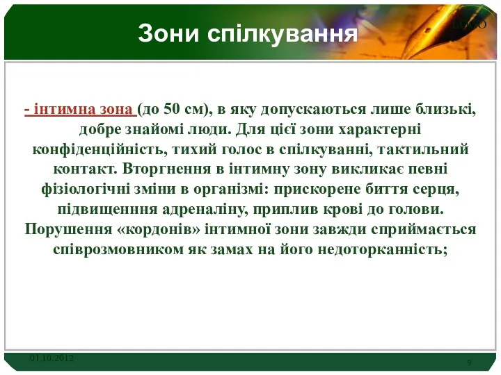 Зони спілкування - інтимна зона (до 50 см), в яку