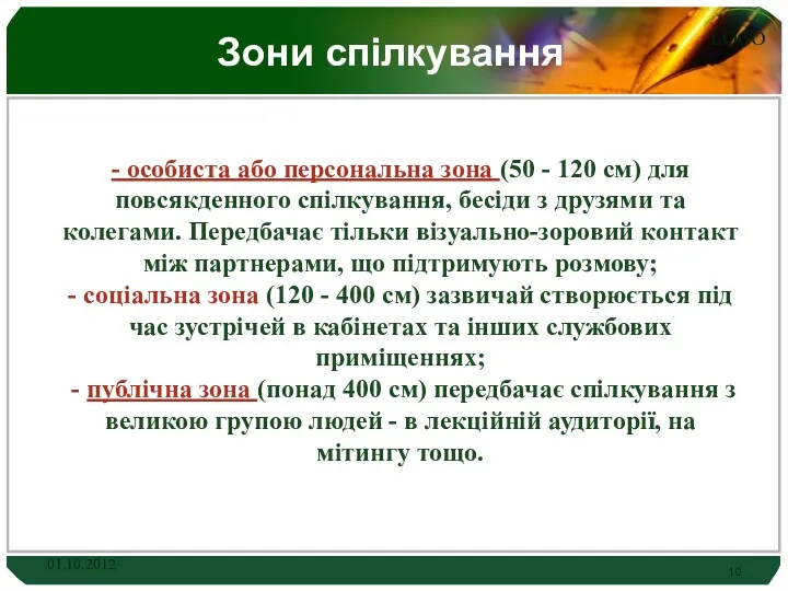 Зони спілкування - особиста або персональна зона (50 - 120