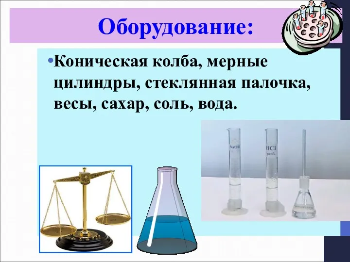 Оборудование: Коническая колба, мерные цилиндры, стеклянная палочка, весы, сахар, соль, вода.