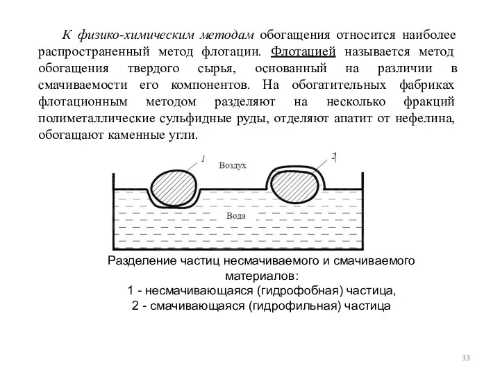 К физико-химическим методам обогащения относится наиболее распространенный метод флотации. Флотацией