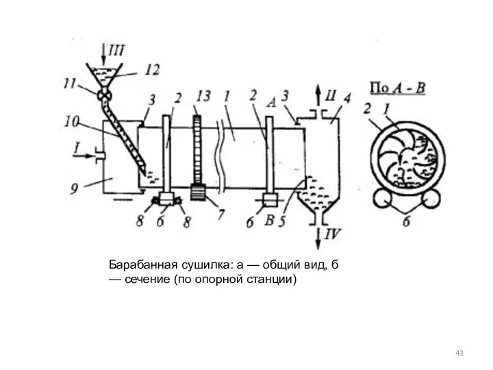 Барабанная сушилка: а — общий вид, б — сечение (по опорной станции)
