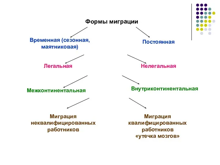 Формы миграции Временная (сезонная, маятниковая) Постоянная Легальная Нелегальная Миграция неквалифицированных