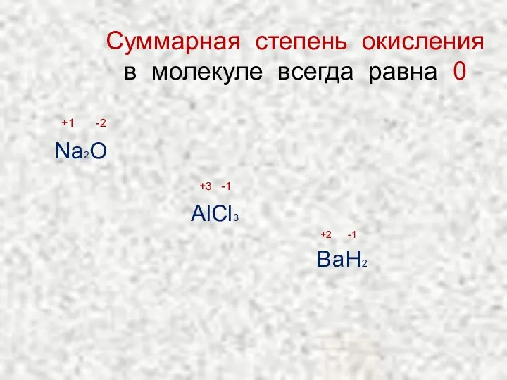 Суммарная степень окисления в молекуле всегда равна 0 +1 -2