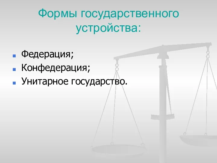 Формы государственного устройства: Федерация; Конфедерация; Унитарное государство.