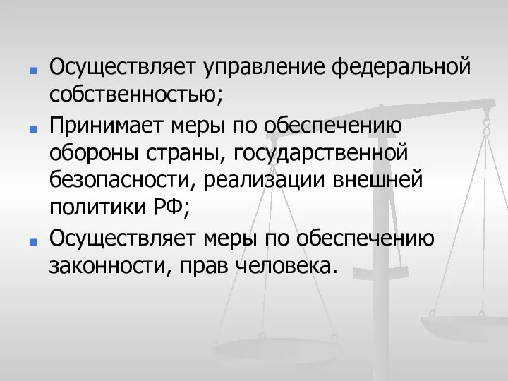 Осуществляет управление федеральной собственностью; Принимает меры по обеспечению обороны страны,