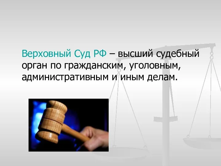 Верховный Суд РФ – высший судебный орган по гражданским, уголовным, административным и иным делам.