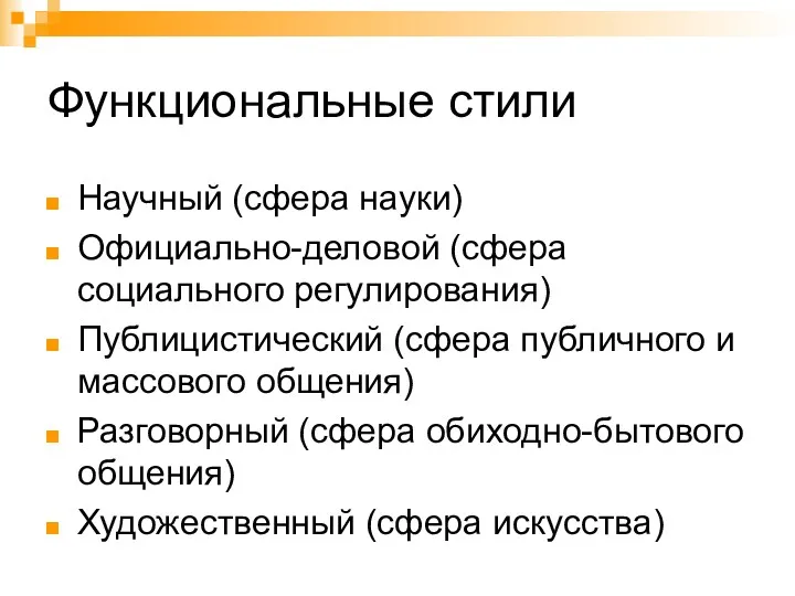 Функциональные стили Научный (сфера науки) Официально-деловой (сфера социального регулирования) Публицистический