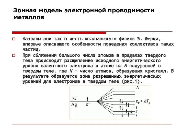 Зонная модель электронной проводимости металлов Названы они так в честь