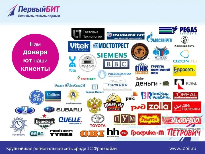 Крупнейшая региональная сеть среди 1С:Франчайзи www.1cbit.ru Нам доверяют наши клиенты