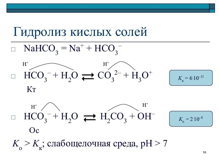 Гидролиз кислых солей NaHCO3 = Na+ + HCO3– HCO3– +