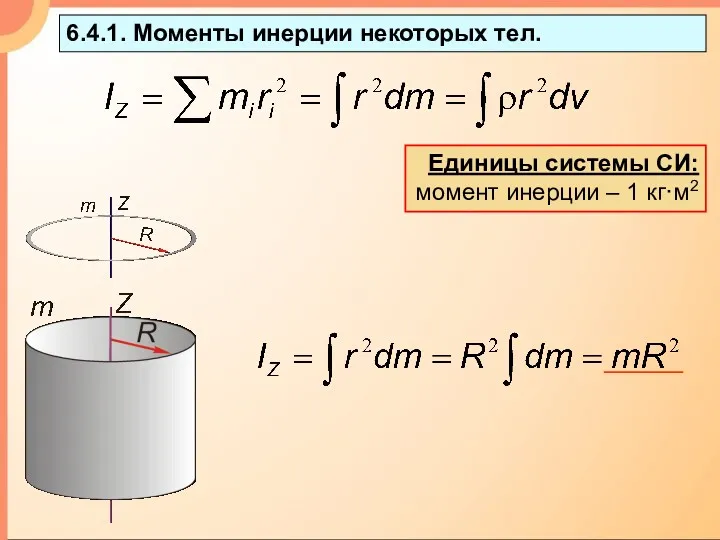 6.4.1. Моменты инерции некоторых тел. Единицы системы СИ: момент инерции – 1 кг·м2