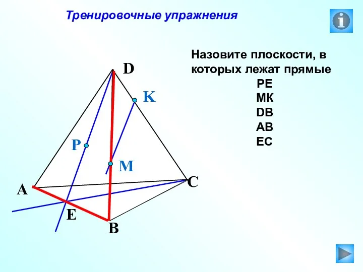 Тренировочные упражнения Назовите плоскости, в которых лежат прямые РЕ МК