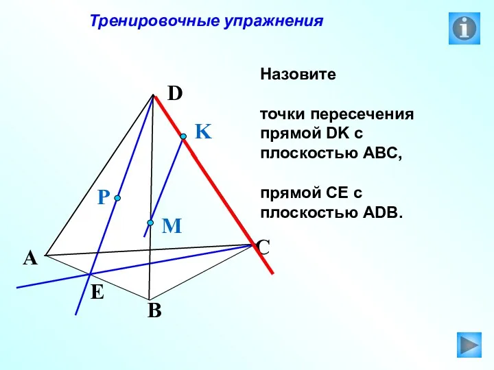 Тренировочные упражнения Назовите точки пересечения прямой DK с плоскостью АВС,