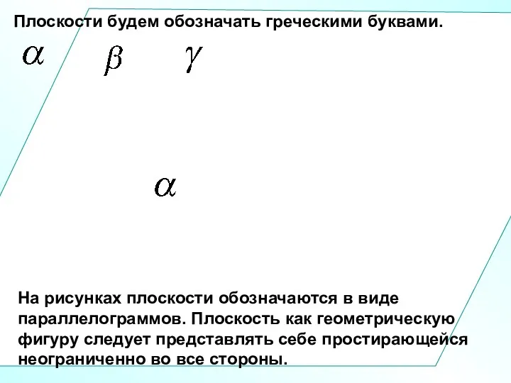 Плоскости будем обозначать греческими буквами. На рисунках плоскости обозначаются в