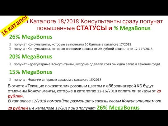 В Каталоге 18/2018 Консультанты сразу получат повышенные СТАТУСЫ и % MegaBonus 26% MegaBonus