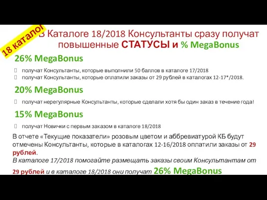 В Каталоге 18/2018 Консультанты сразу получат повышенные СТАТУСЫ и %