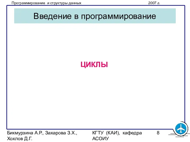 Бикмурзина А.Р., Захарова З.Х., Хохлов Д.Г. КГТУ (КАИ), кафедра АСОИУ Введение в программирование ЦИКЛЫ