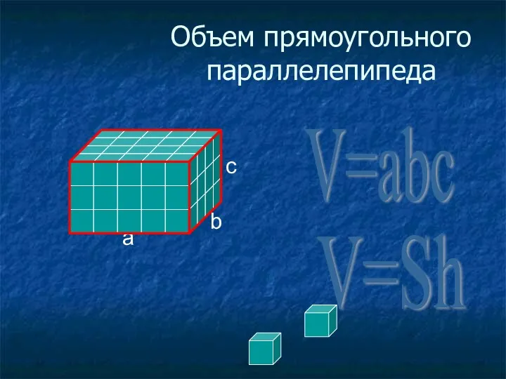 Объем прямоугольного параллелепипеда а b c V=abc V=Sh