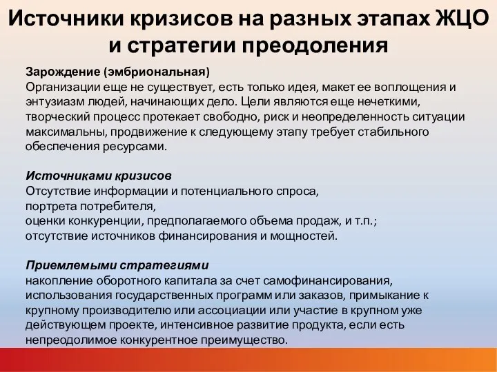 Источники кризисов на разных этапах ЖЦО и стратегии преодоления Зарождение