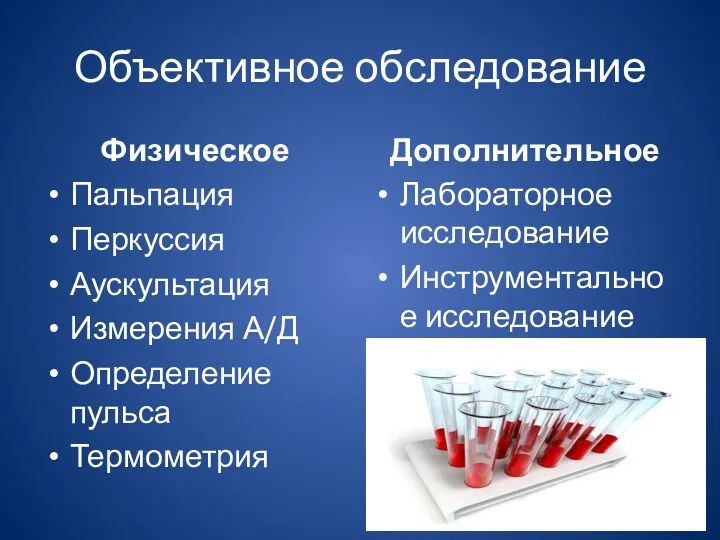 Объективное обследование Физическое Пальпация Перкуссия Аускультация Измерения А/Д Определение пульса Термометрия Дополнительное Лабораторное исследование Инструментальное исследование