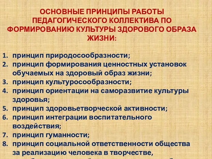 ОСНОВНЫЕ ПРИНЦИПЫ РАБОТЫ ПЕДАГОГИЧЕСКОГО КОЛЛЕКТИВА ПО ФОРМИРОВАНИЮ КУЛЬТУРЫ ЗДОРОВОГО ОБРАЗА