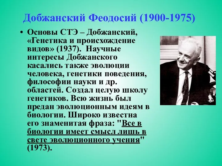 Добжанский Феодосий (1900-1975) Основы СТЭ – Добжанский, «Генетика и происхождение видов» (1937). Научные