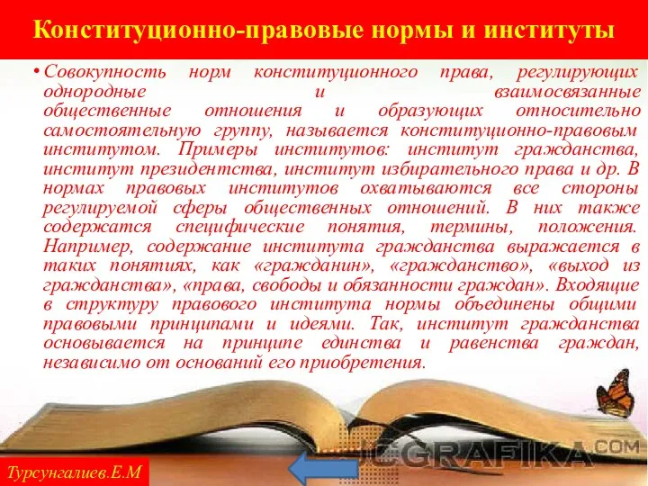 Конституционно-правовые нормы и институты Турсунгалиев.Е.М Совокупность норм конституционного права, регулирующих однородные и взаимосвязанные