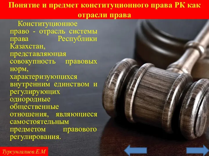 Турсунгалиев.Е.М Конституционное право - отрасль системы права Республики Казахстан, представляющая совокупность правовых норм,