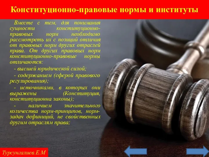 Конституционно-правовые нормы и институты Турсунгалиев.Е.М Вместе с тем, для понимания сущности конституционно-правовых норм