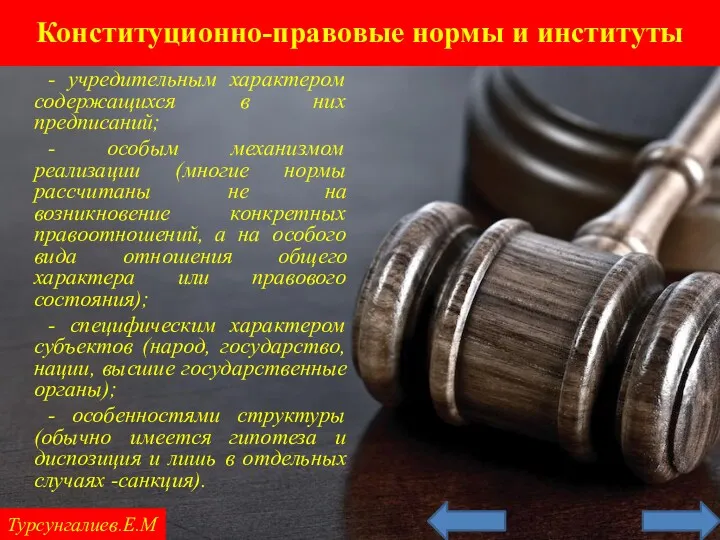 Конституционно-правовые нормы и институты Турсунгалиев.Е.М - учредительным характером содержащихся в них предписаний; -