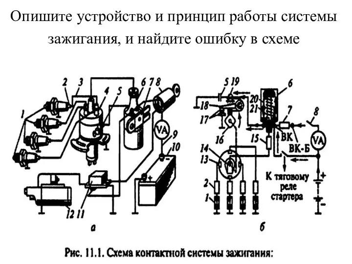 Опишите устройство и принцип работы системы зажигания, и найдите ошибку в схеме