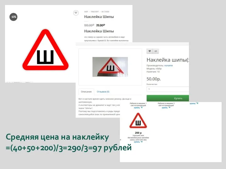 Средняя цена на наклейку =(40+50+200)/3=290/3=97 рублей