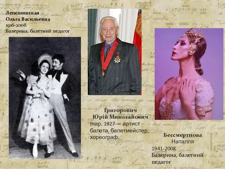 Лепешинская Ольга Васильевна 1916-2008 Балерина, балетний педагог Григорович Юрій Миколайович