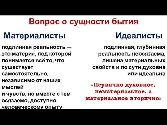 Вопрос о сущности бытия подлинная реальность — это материя, под