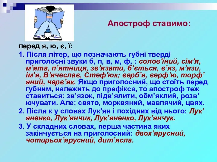 Апостроф ставимо: перед я, ю, є, ї: 1. Після літер,