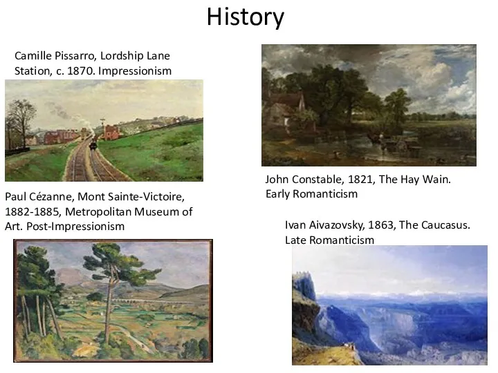History Ivan Aivazovsky, 1863, The Caucasus. Late Romanticism Camille Pissarro, Lordship Lane Station,