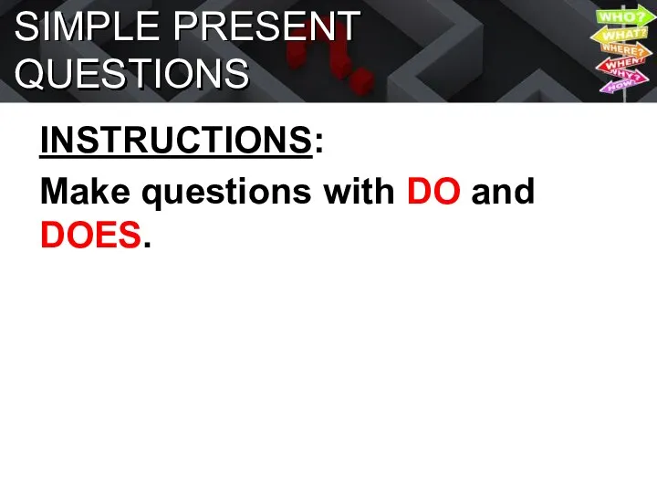 SIMPLE PRESENT QUESTIONS INSTRUCTIONS: Make questions with DO and DOES.