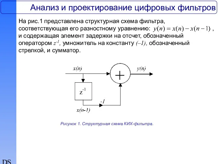 DSP Анализ и проектирование цифровых фильтров Рисунок 1. Структурная схема КИХ-фильтра.